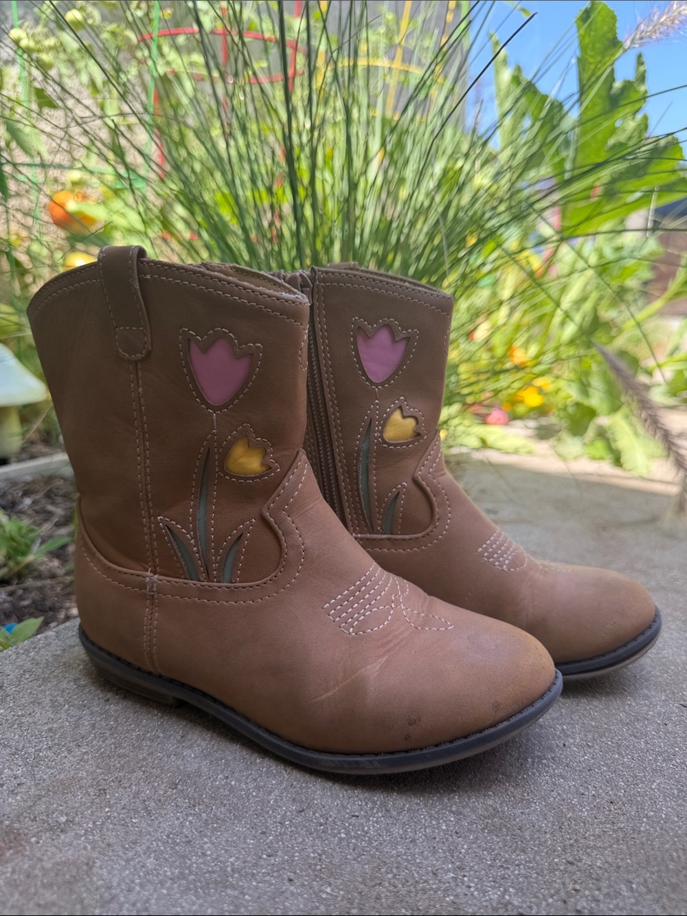 Gymboree Kids Brown Western Boots Pink & Yellow Flower Accents Toddler 11